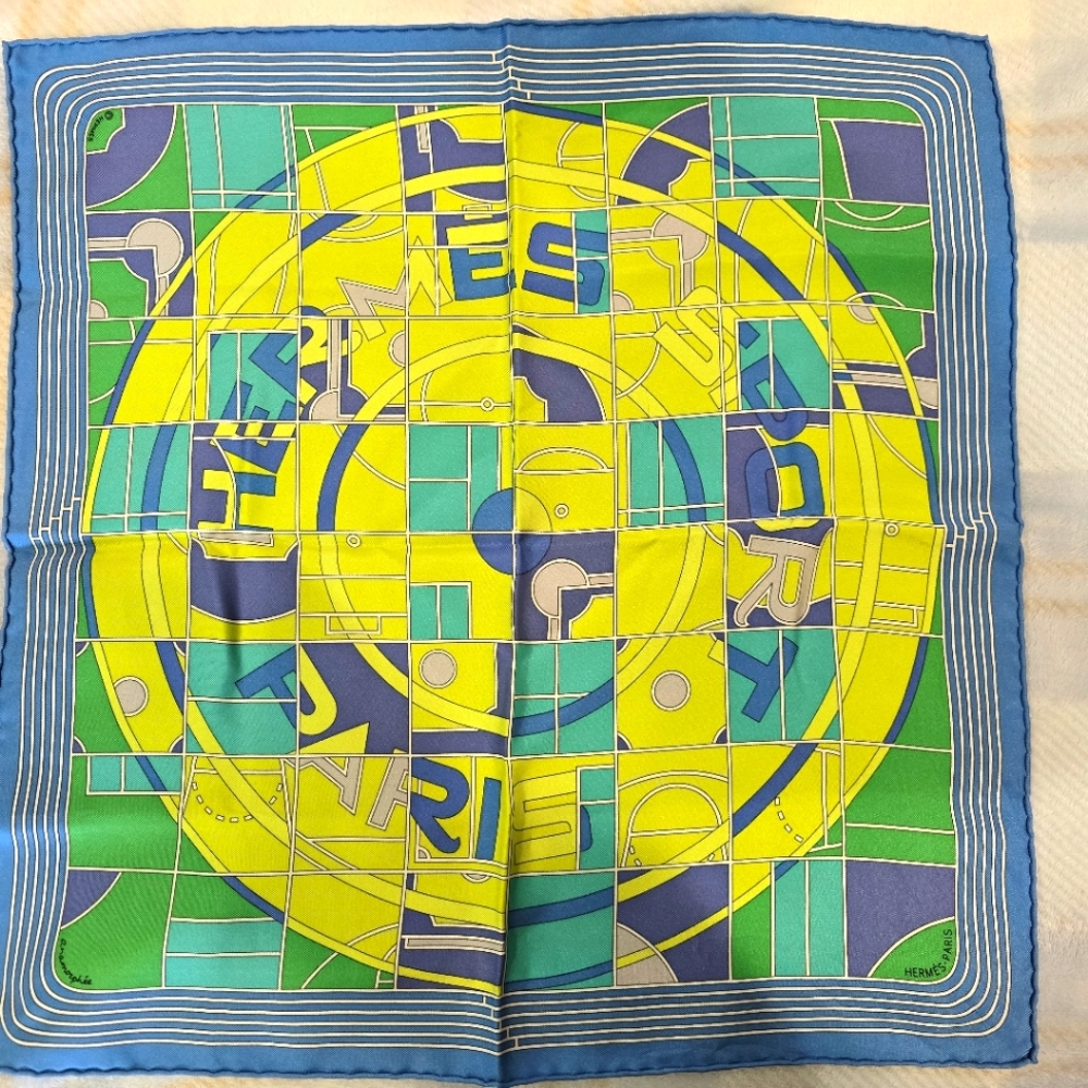Silk Hermes Sport Pocket Square Bleu Azur Vert Fluo Mauve